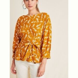 Anthropologie Dolman mustard yellow floral tie waist 3/4 sleeve top blouse xs